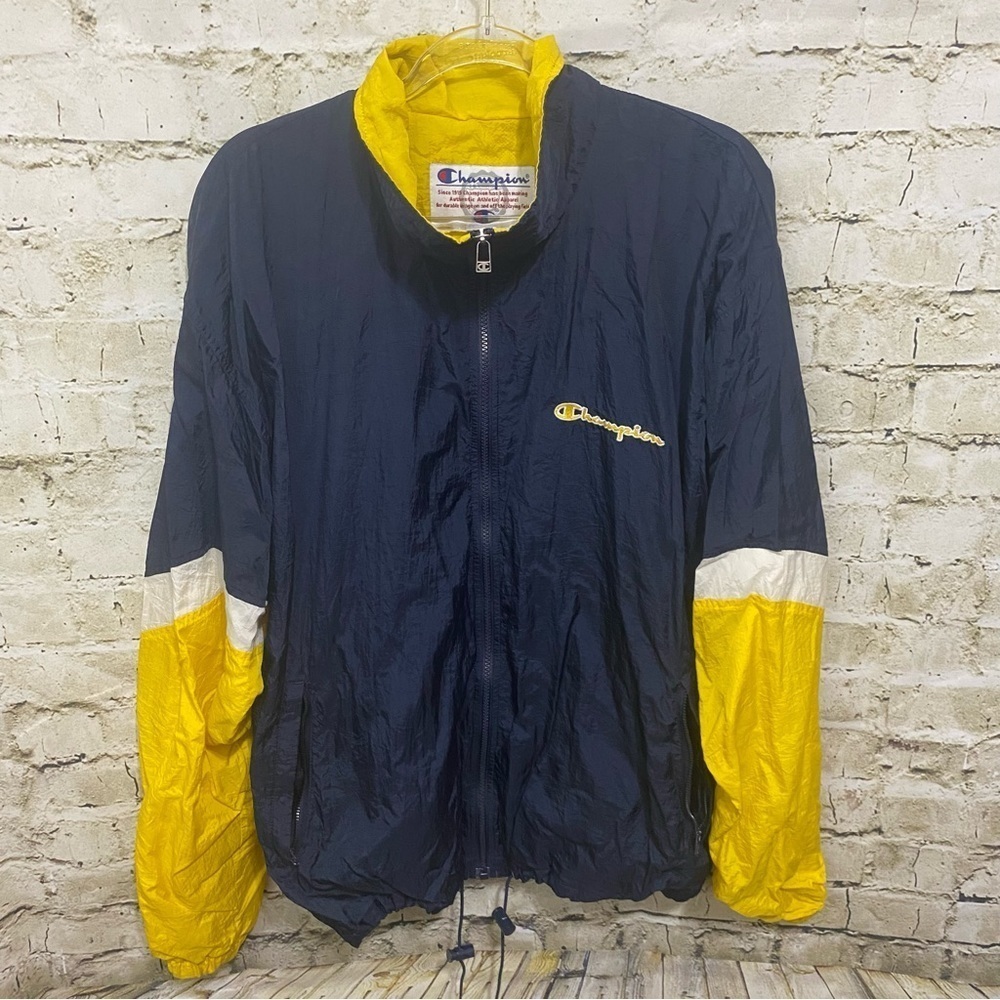 Vintage 90’s Champion Blue Yellow Nylon Full Zip Windbreaker Jacket